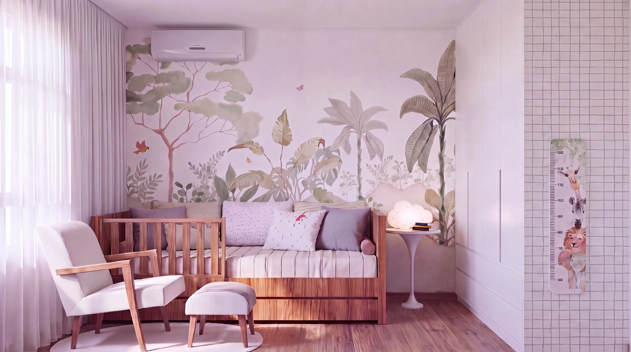 Cama-sofá em madeira e papel de parede tropical